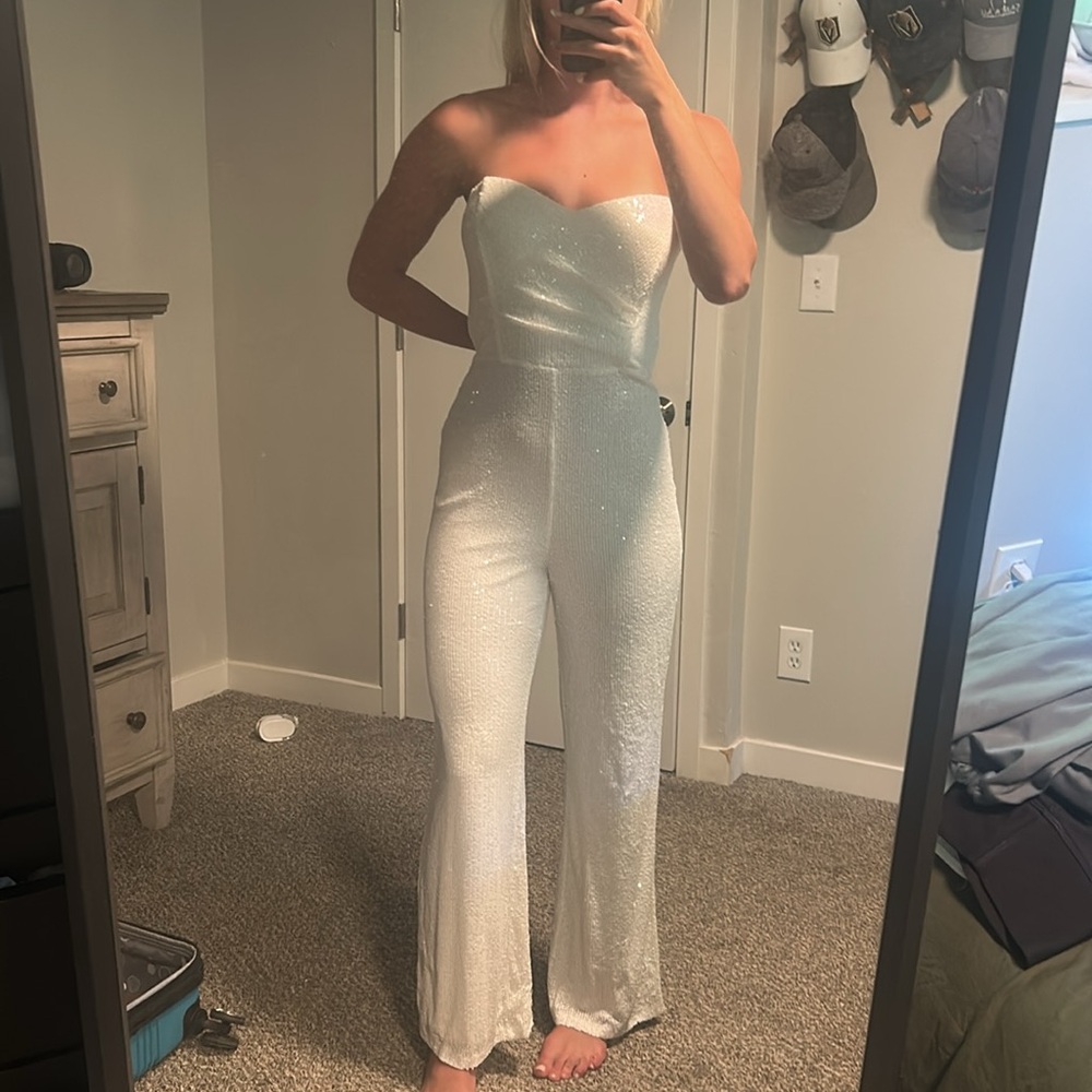White Strapless Sequin Jumpsuit